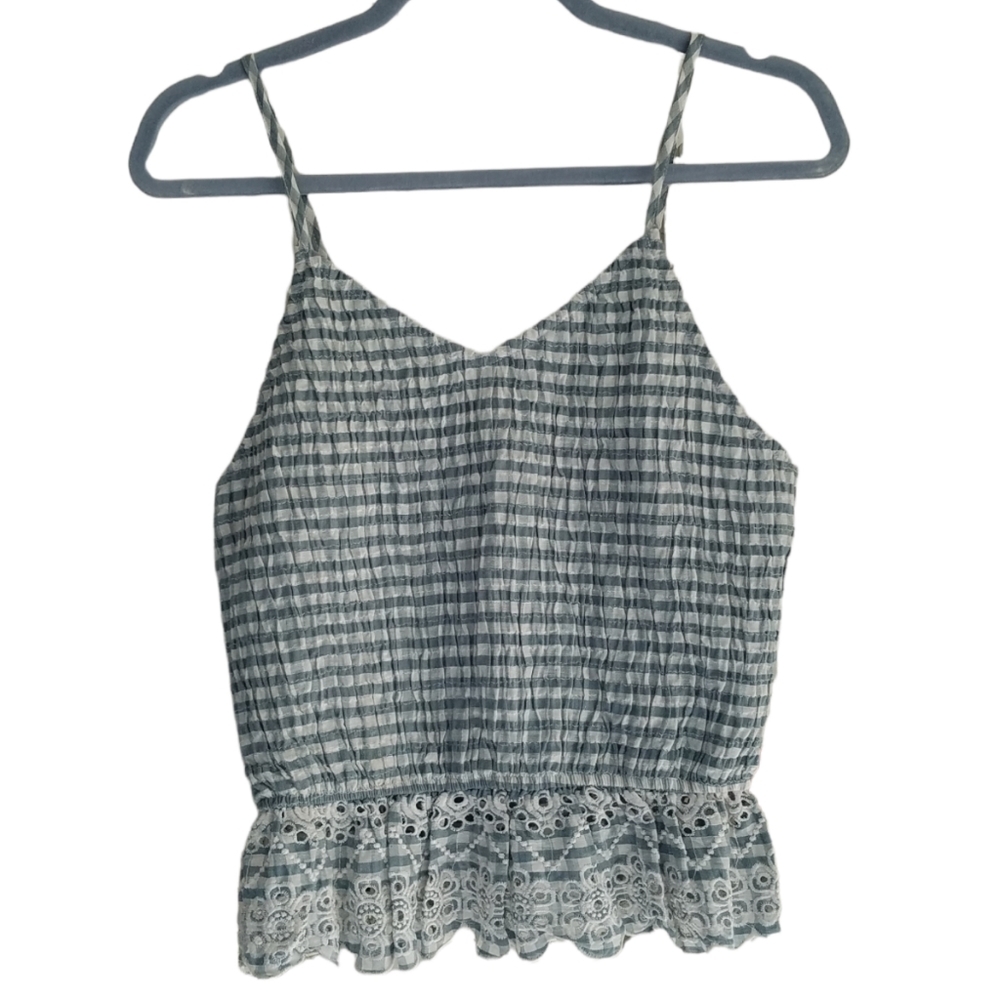 NWT Sim & Sam Blue Gingham Strap Smock Lace Top Size Large